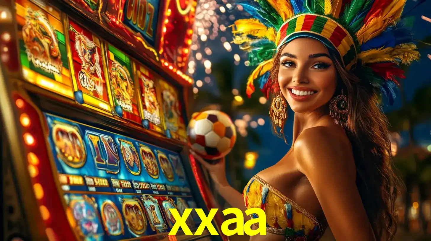 Mulher com um cocar de carnaval ao lado de uma máquina de caça-níqueis enquanto segura uma bola de futebol, mostrando a união da diversão de cassino e esportes no xxaa.