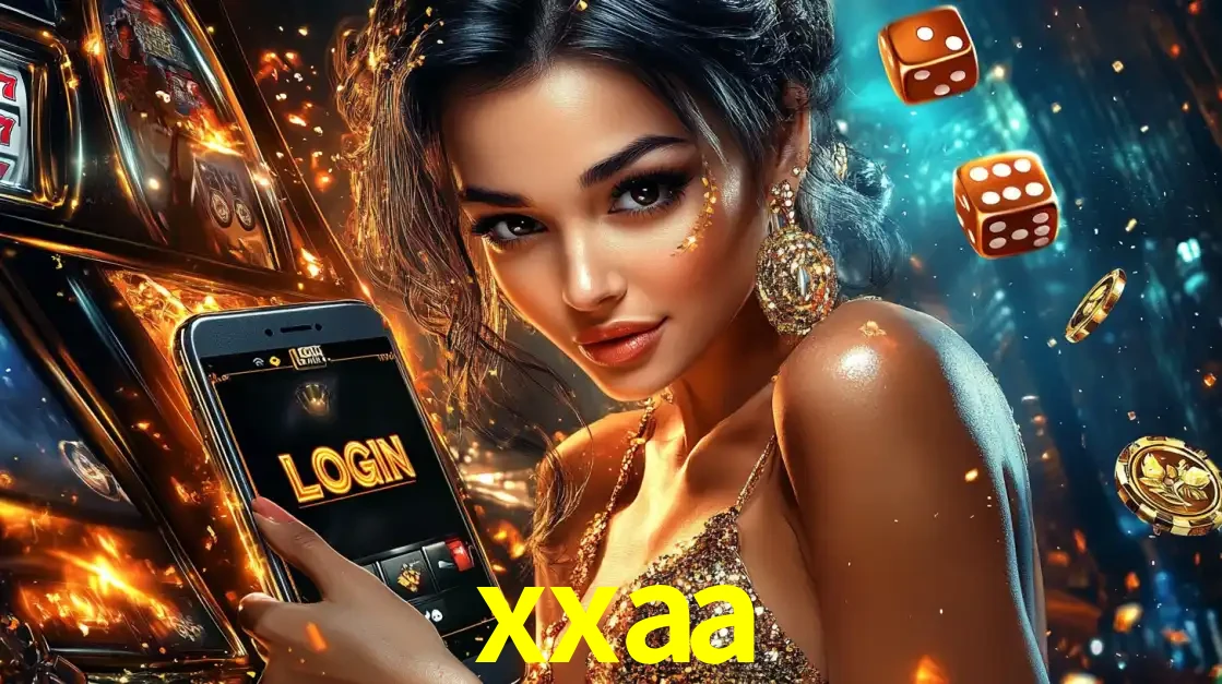 Mulher glamourosa segurando um celular com a tela de login do cassino xxaa, rodeada por dados e moedas douradas, pronta para começar a diversão.