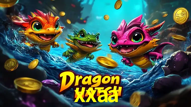 Arte promocional do jogo Dragon Hatch com três adoráveis dragões bebês nadando entre moedas de ouro, um dos slots mais divertidos para jogar no cassino xxaa.