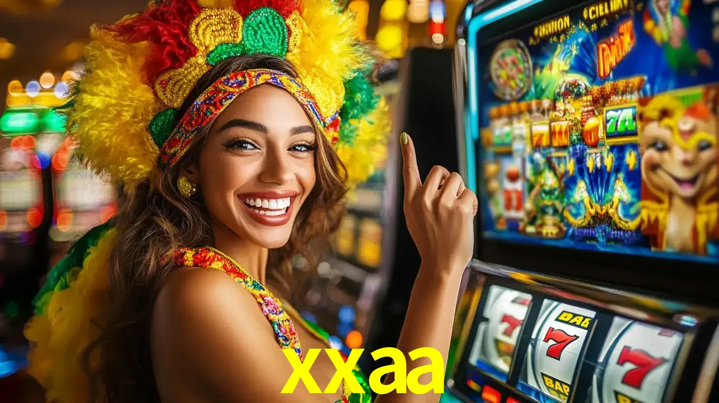 Mulher animada com um cocar de carnaval apontando para uma máquina de caça-níqueis, mostrando a emoção de ganhar um grande prêmio nos jogos do xxaa.