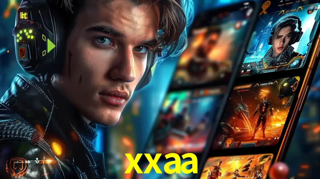 Jovem jogador com fones de ouvido olhando para a câmera, com um aplicativo de jogos e e-sports para celular ao fundo, pronto para a competição e apostas no xxaa.