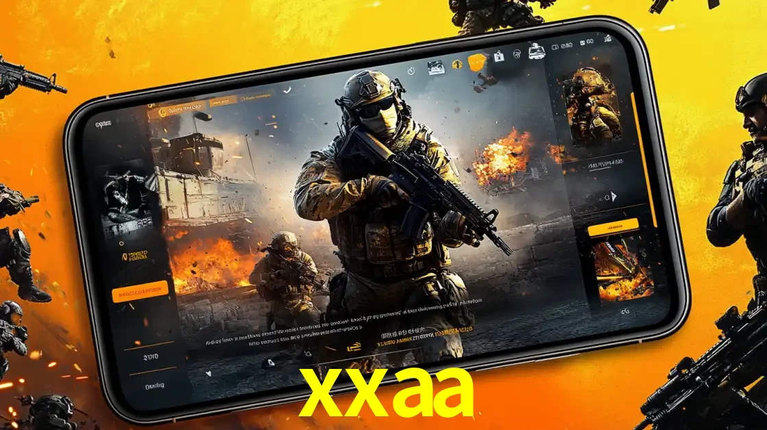 Um smartphone exibindo a interface de um jogo de tiro em primeira pessoa, com um soldado em um cenário de batalha, representando a ação dos e-sports para apostar no xxaa.