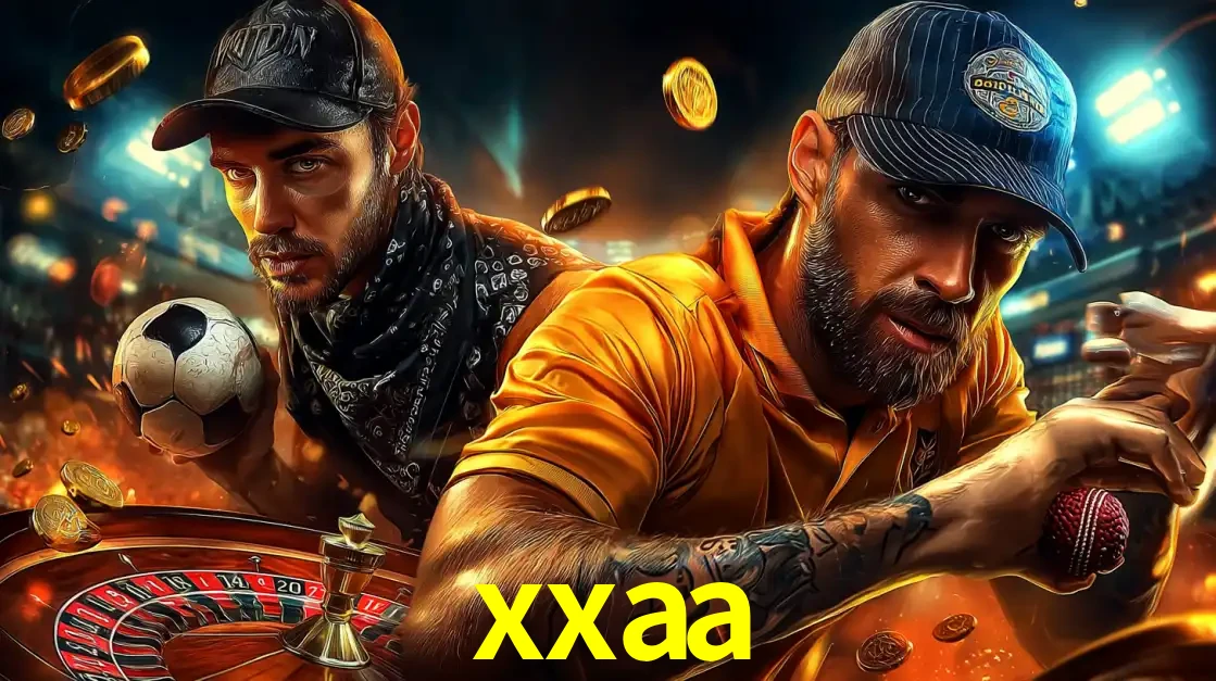 Montagem de apostas esportivas e cassino no xxaa, com um homem segurando uma bola de futebol e outro uma de beisebol sobre uma roleta e moedas voadoras.