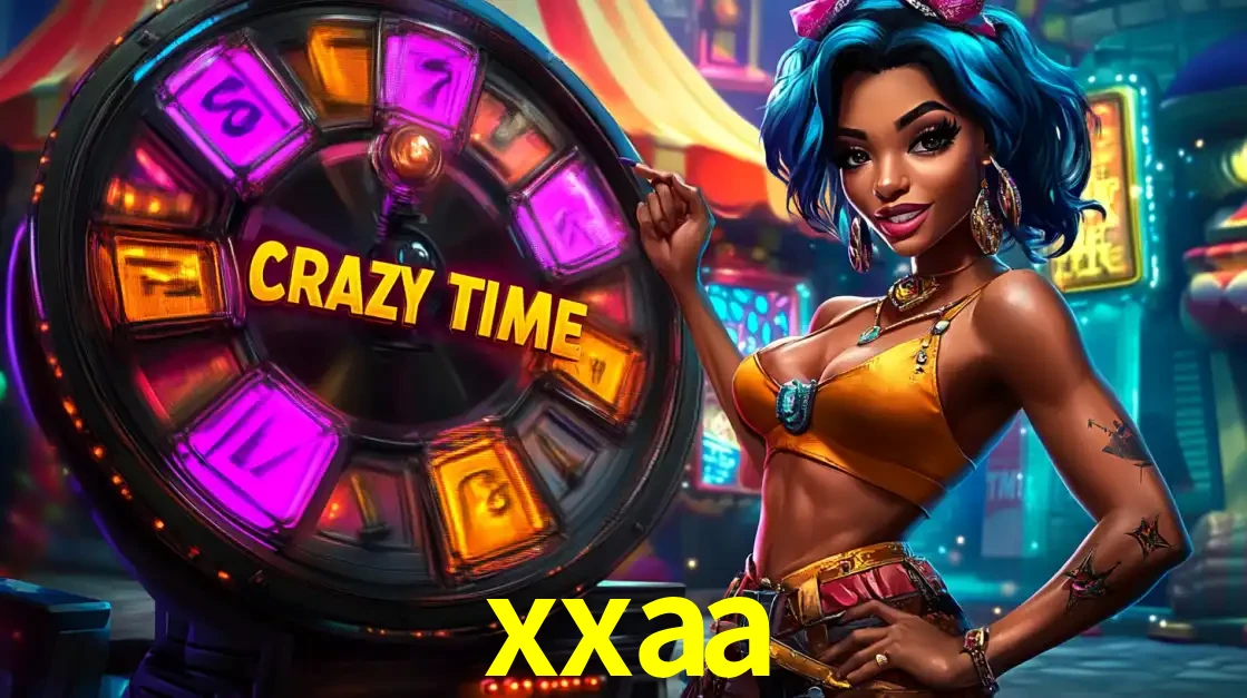 Mulher estilizada com cabelo azul e visual vibrante posando ao lado da roda de prêmios do game show Crazy Time, convidando para a diversão e os bônus do cassino xxaa.