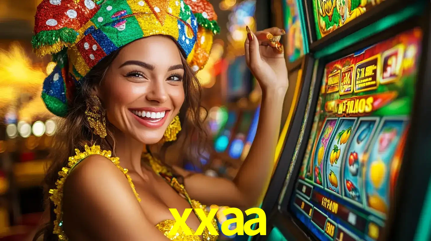 Mulher feliz com traje de carnaval amarelo e colorido ao lado de uma máquina de caça-níqueis, aproveitando a diversão e os jogos temáticos do cassino xxaa.