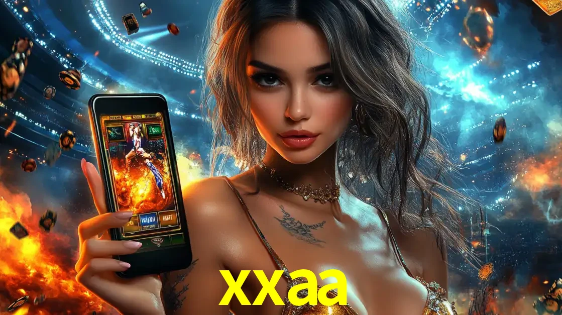 Mulher segurando um celular com um jogo de slot em destaque, tendo como fundo um estádio vibrante, simbolizando a emoção de jogar no cassino móvel xxaa.